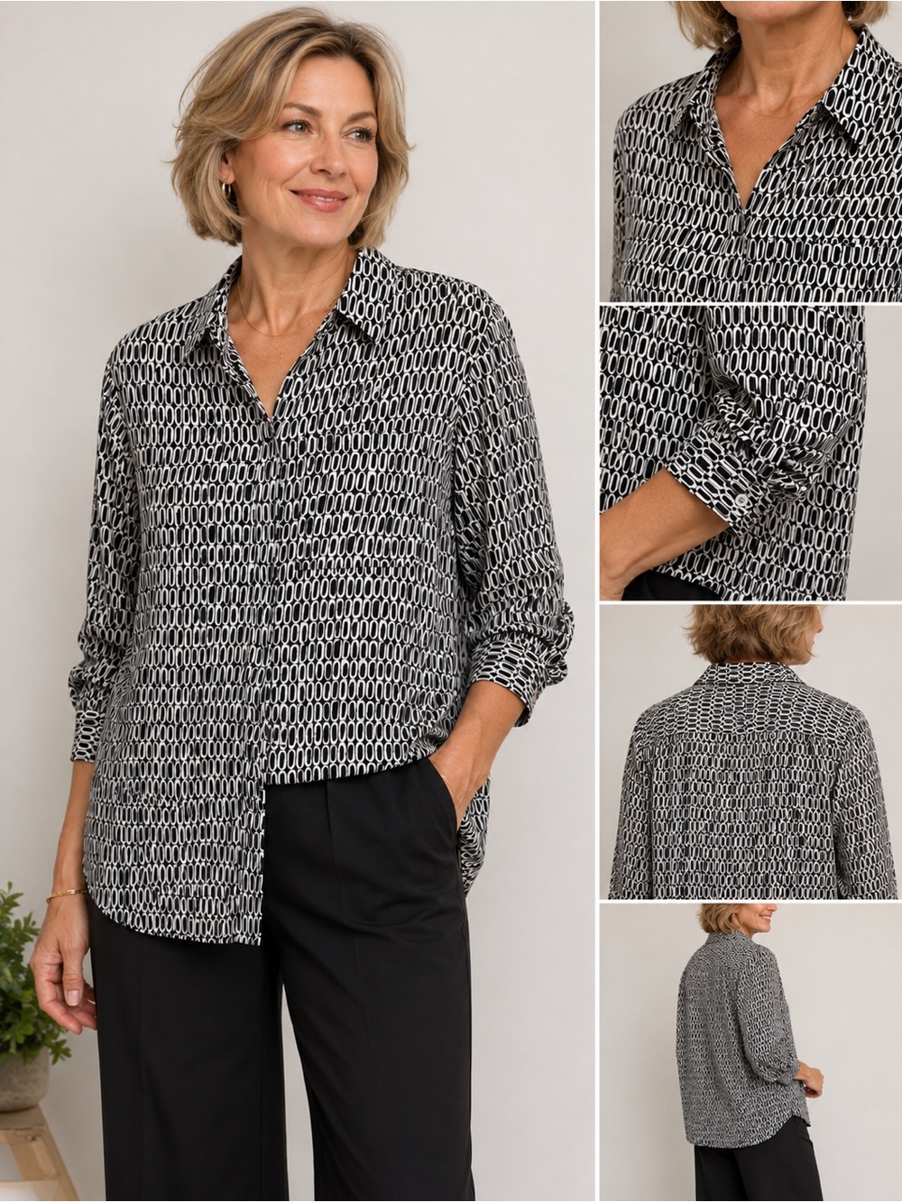 Nine West Women XS Black White Geometric Print Button Front Blouse Shirt Top